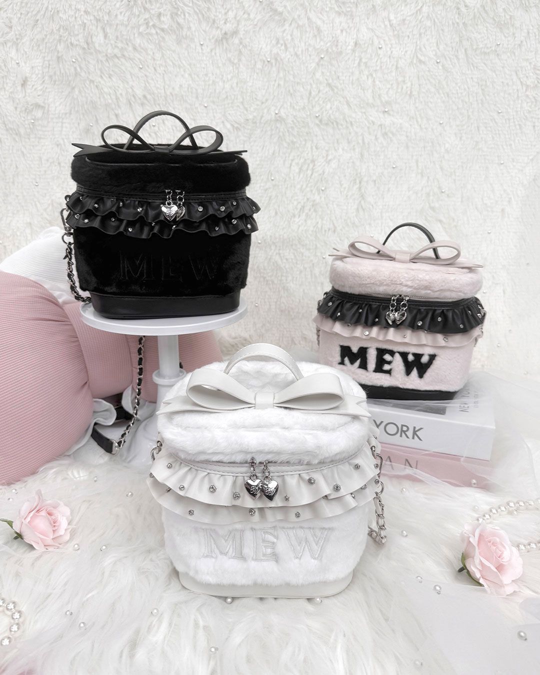 ビッグリボンファーバニティショルダー ピンク×ブラック