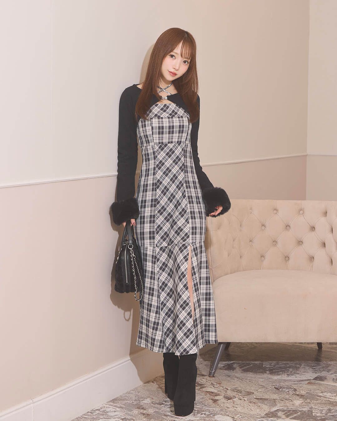 ミシェルマカロン ボレロチェックロングワンピース FREEsize ボレロチェックロングワンピース ブラウン | ファッション通販