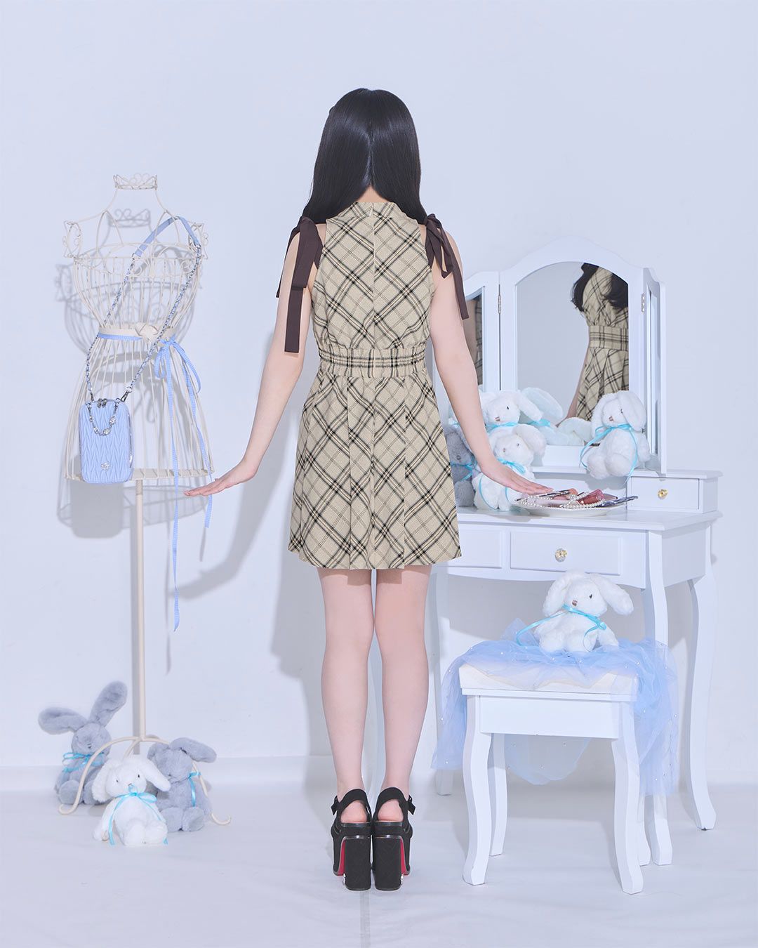 リボンショルダーチェックフレアワンピ ベージュ | ファッション通販