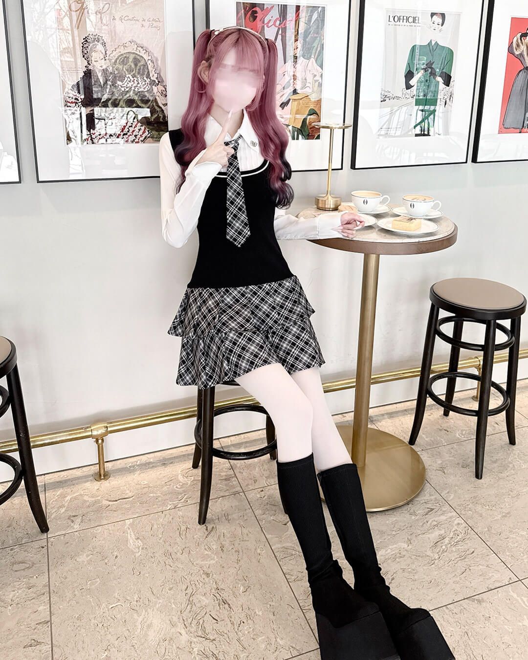 ハニーミュウ honeymew ネクタイ付きドッキングチェックワンピース ネクタイ付きドッキングチェックワンピース シェルピンク