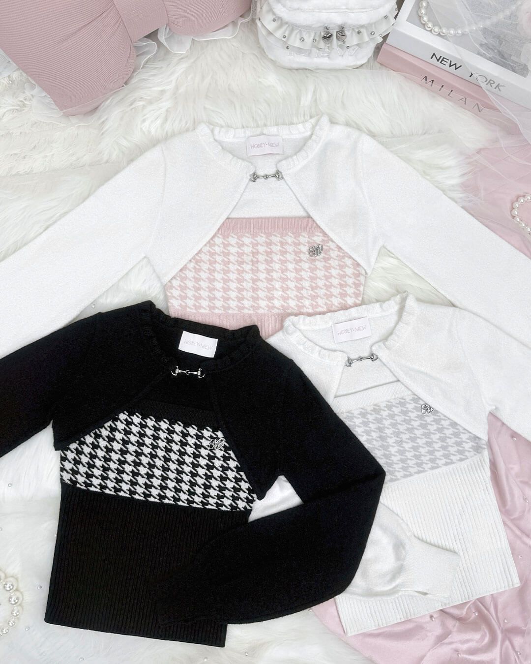 千鳥アンサンブルニットトップス ホワイト | ファッション通販