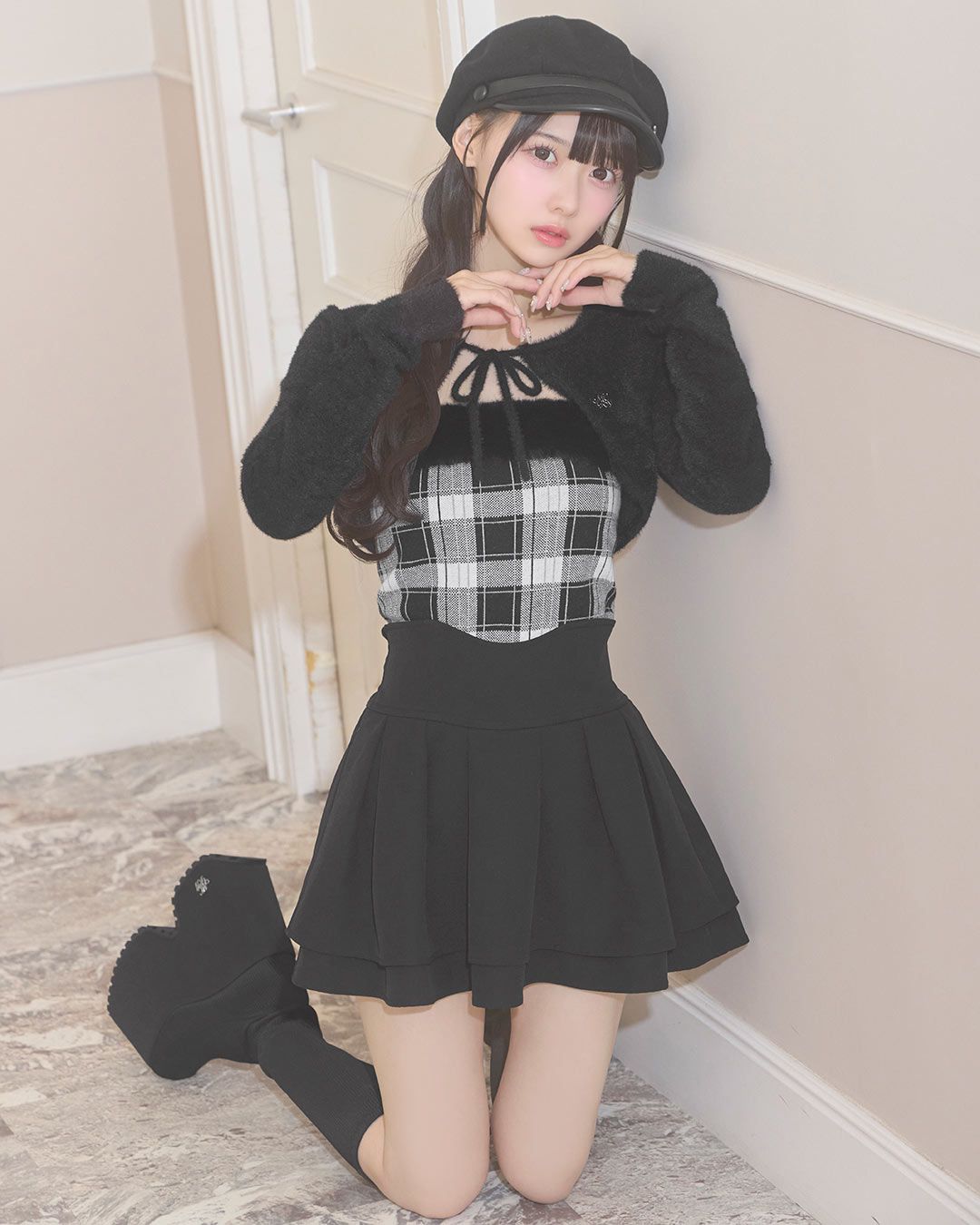 ミシェルマカロン ミシェマカ シャギーボレロsetチェックトップス シャギーボレロチェックファートップス ブラック | ファッション通販