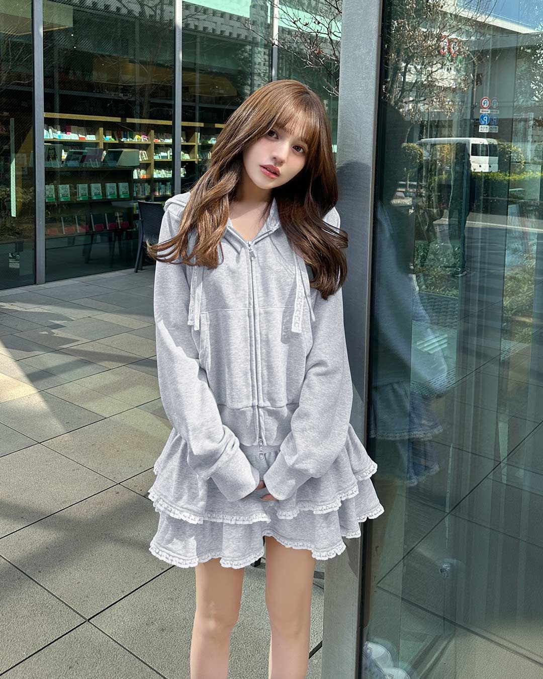 レースリボンフーディセットアップ グレー | ファッション通販