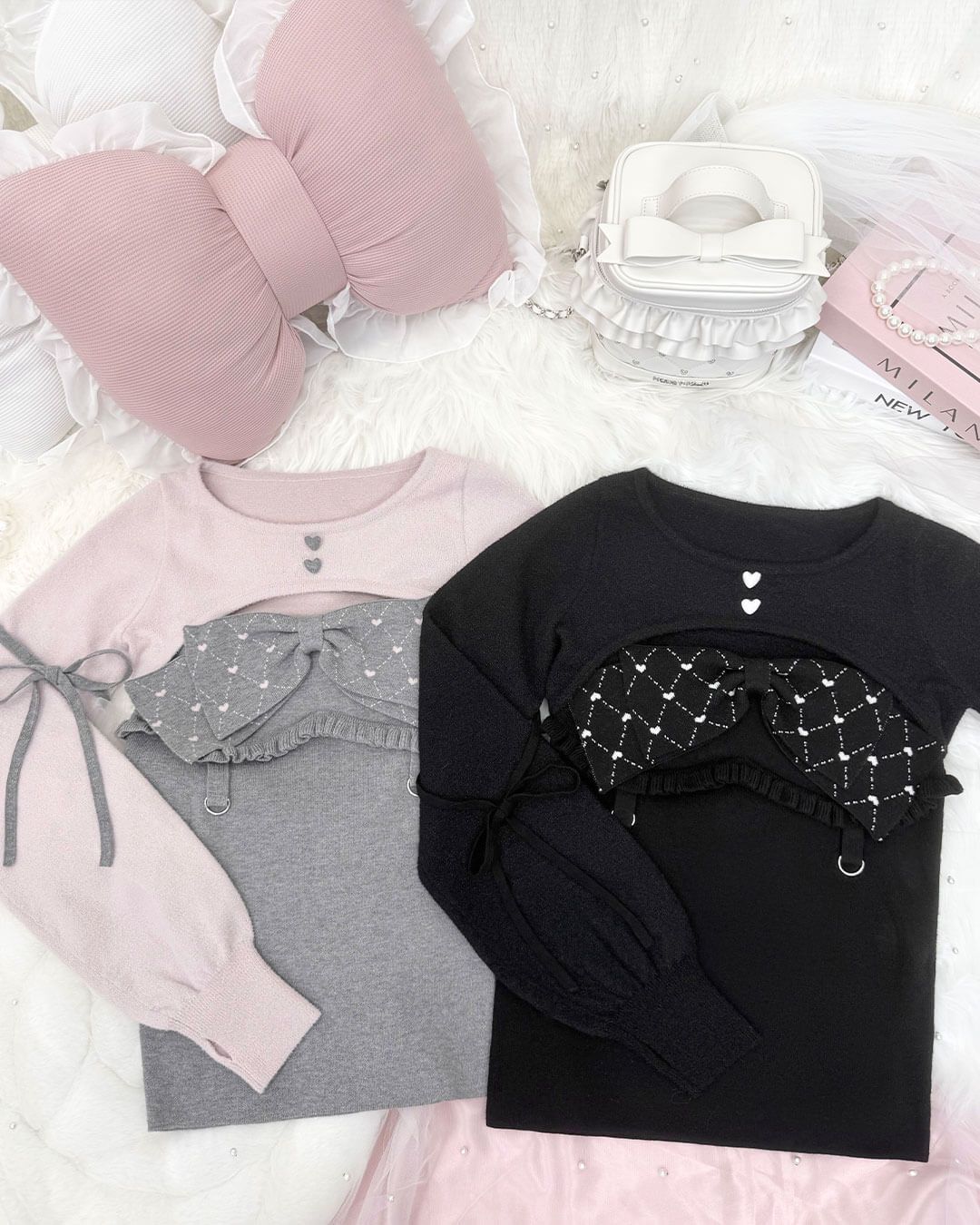 ビッグリボンガーター風アンサンブルトップス グレー | ファッション