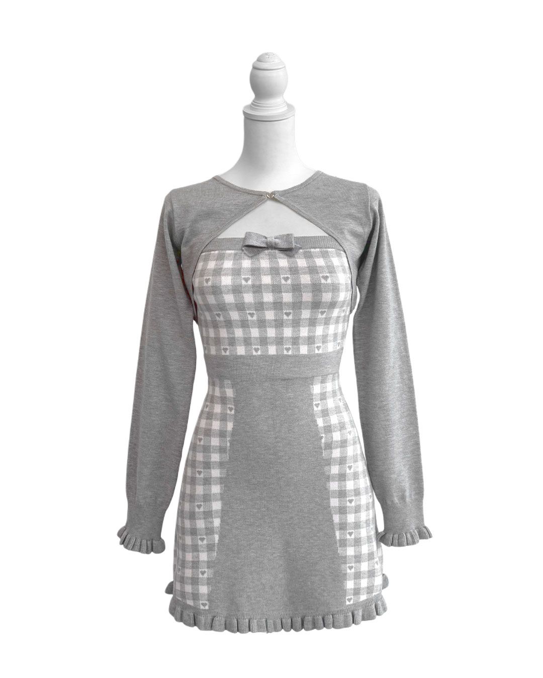 バックリボン×ギンガムハートアンサンブルワンピース グレー