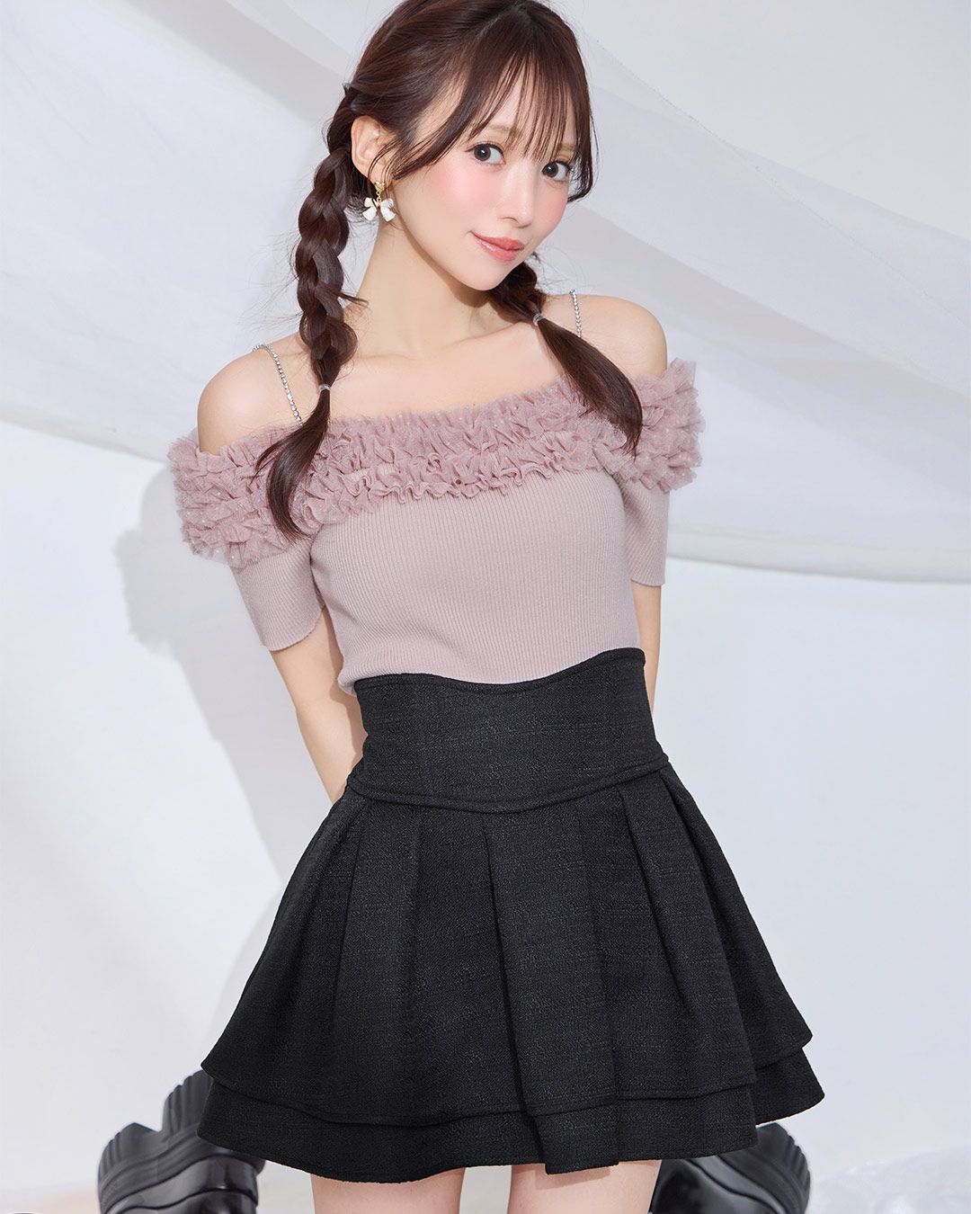 チュールオフショルトップス くすみピンク | ファッション通販