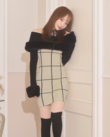 フェザーオフショルチェックワンピース ブラック | ファッション通販