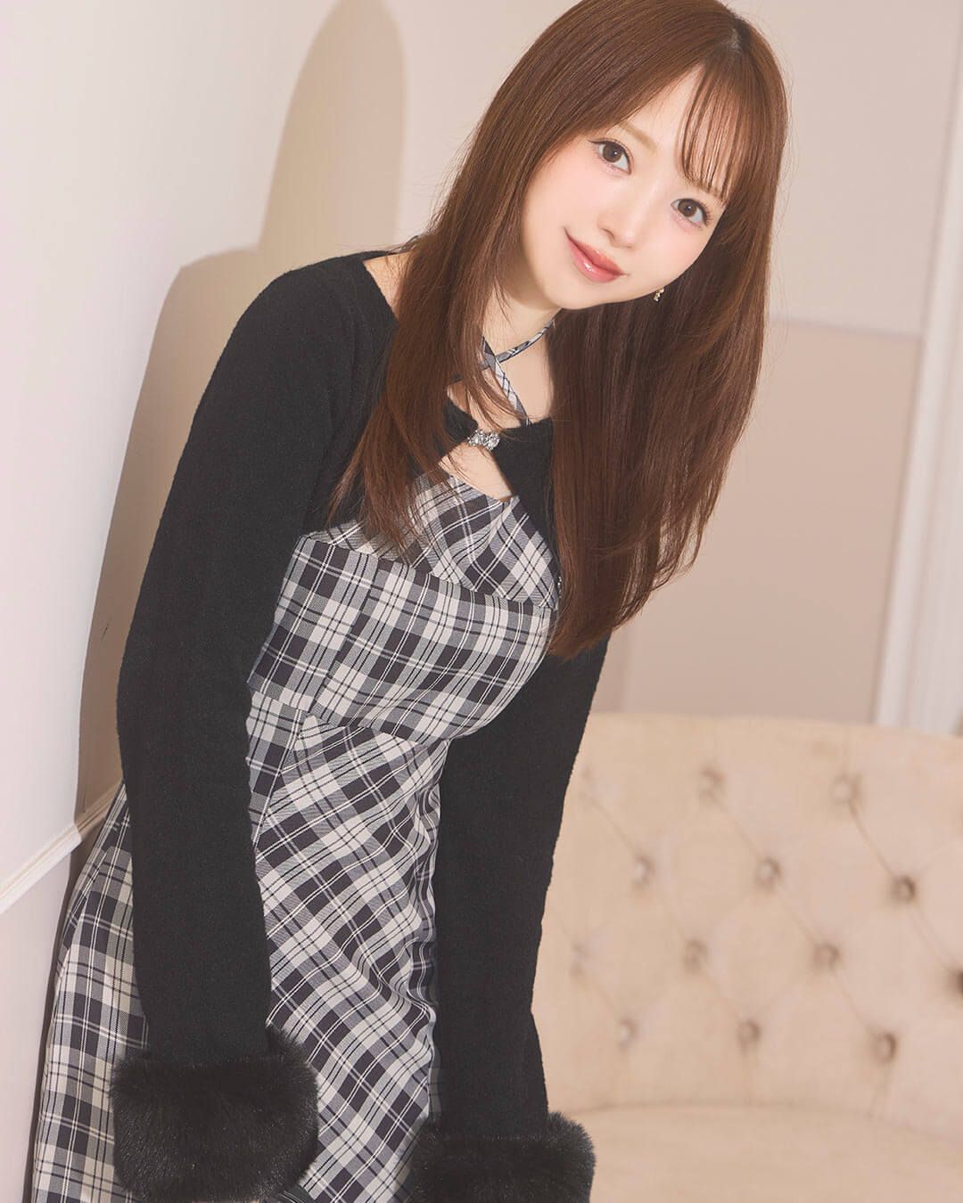 ボレロチェックロングワンピース ブラウン | ファッション通販