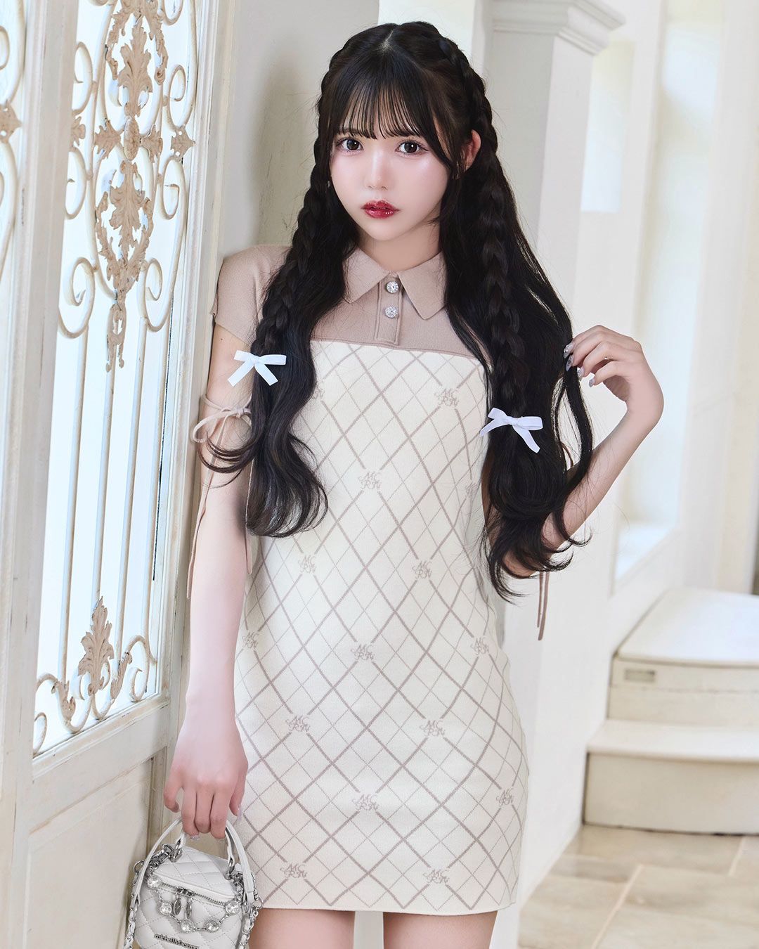 ミシェマカ モノグラムニットミニワンピース モノグラムニットミニワンピース ピンクベージュ | ファッション