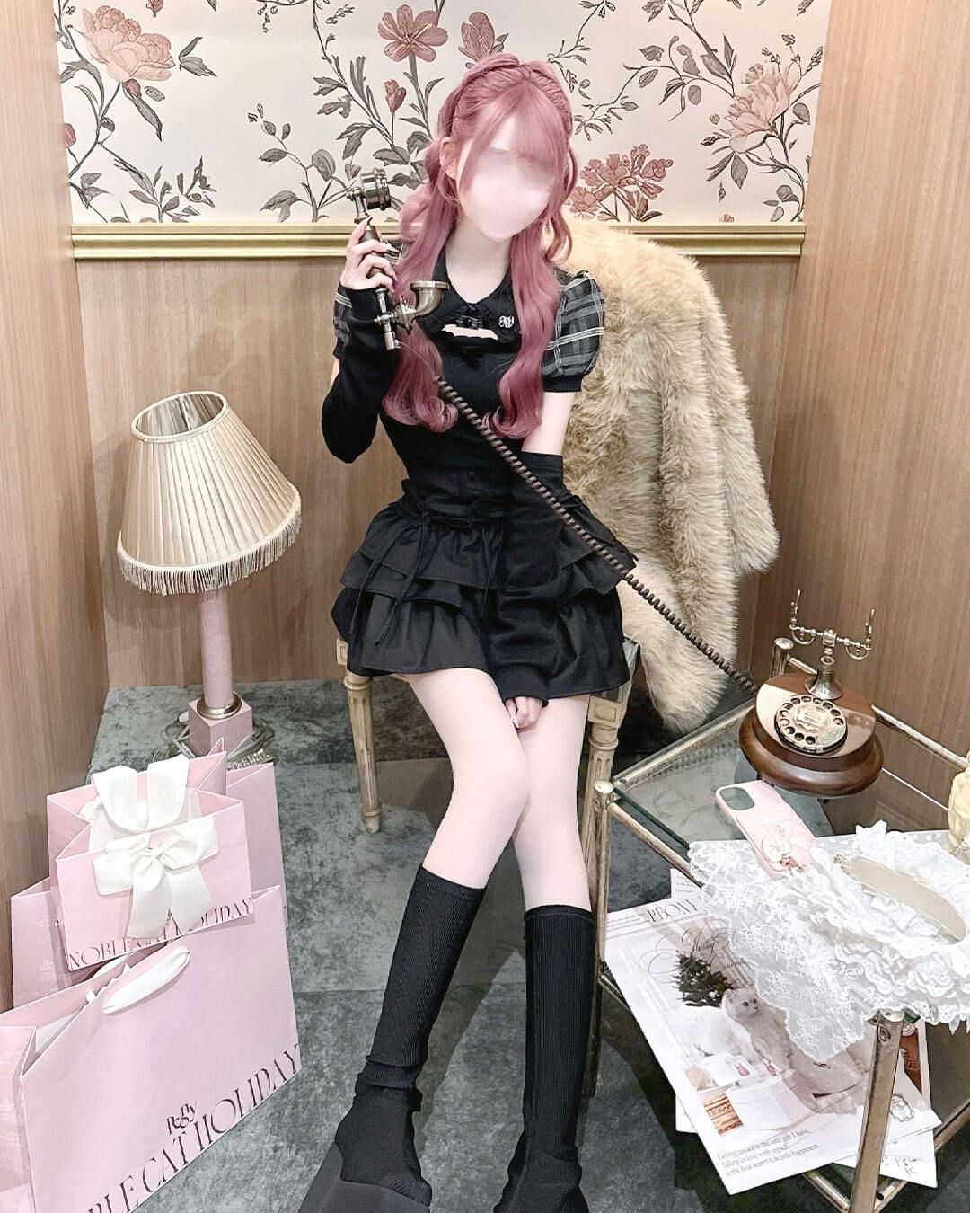 HONEY MEW アームカバー付きチェックアンサンブルトップス アームカバー付きチェックアンサンブルトップス ブラック