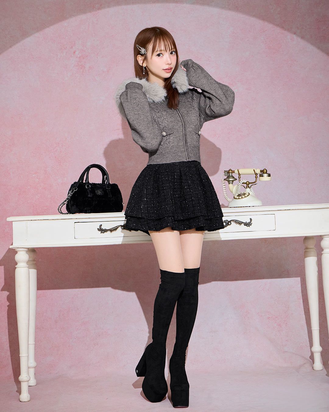 ファーフードケーブルニットジップトップス グレー | ファッション通販