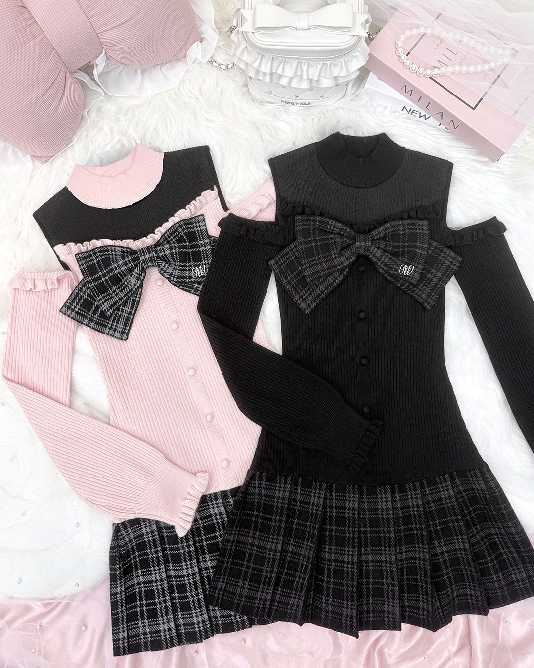 チェックリボン肩空きプリーツワンピース ブラック | ファッション通販