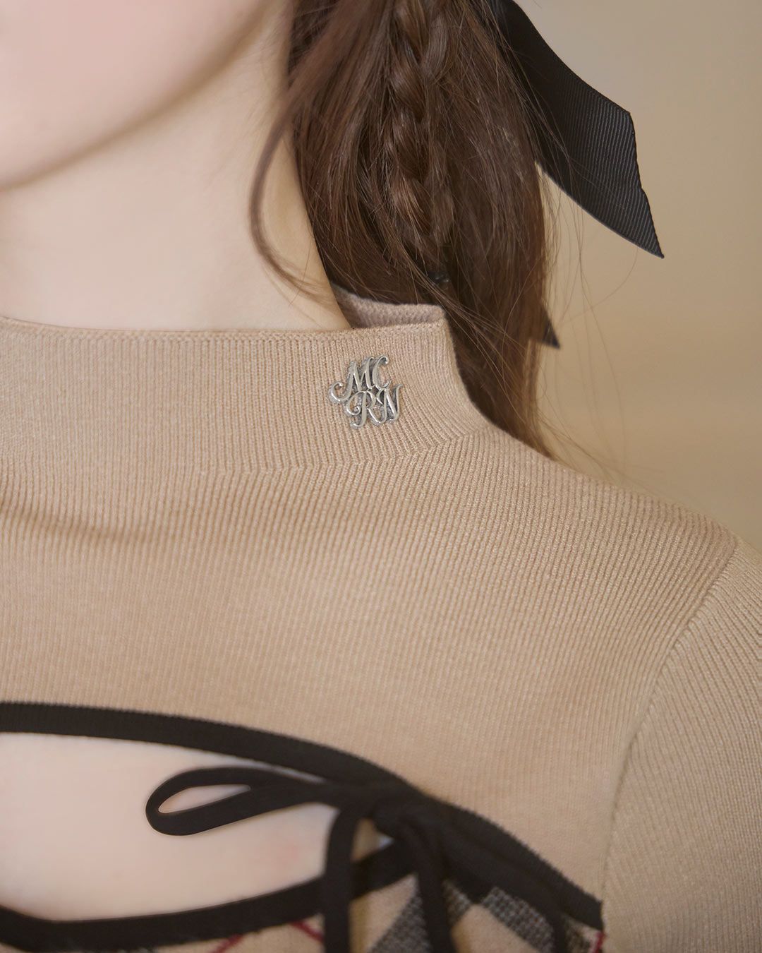 デコルテオープンチェックニットトップス グレー | ファッション通販