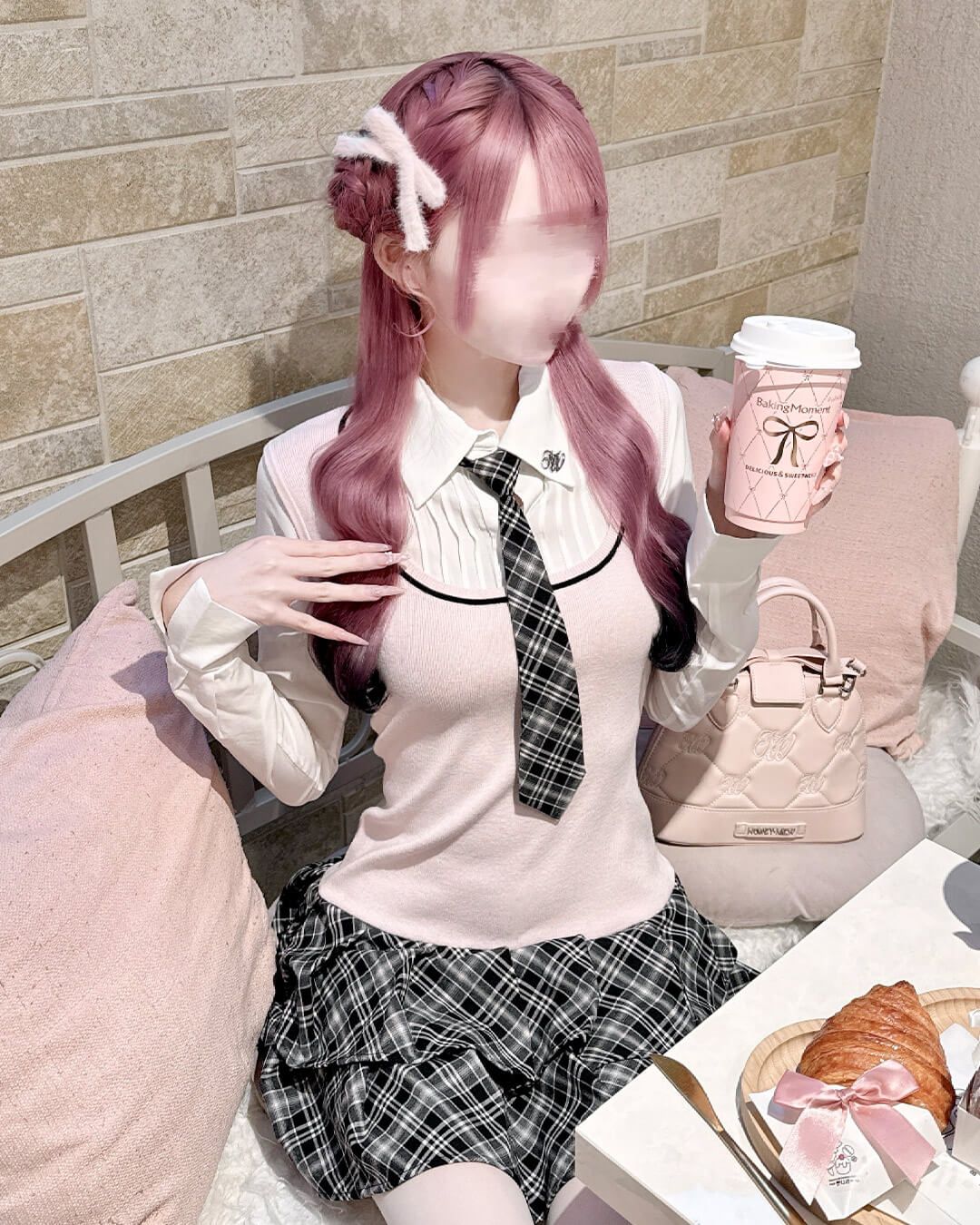 ネクタイ付きドッキングチェックワンピース シェルピンク