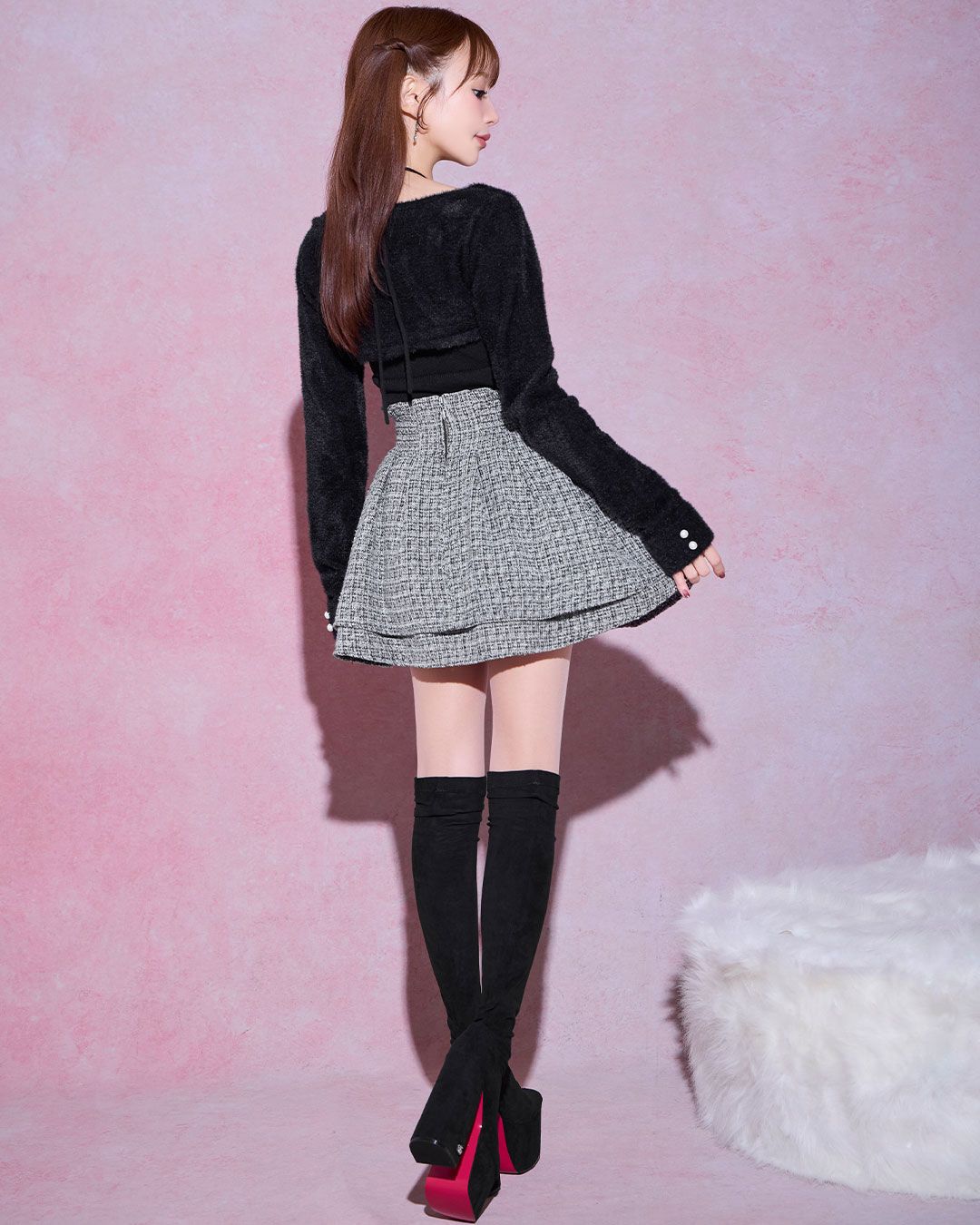 美脚 ミシェルマカロンツイードスカート 黒 インナーパンツ付き 美脚になれる♡ラメツイードスカート（インナーパンツつき