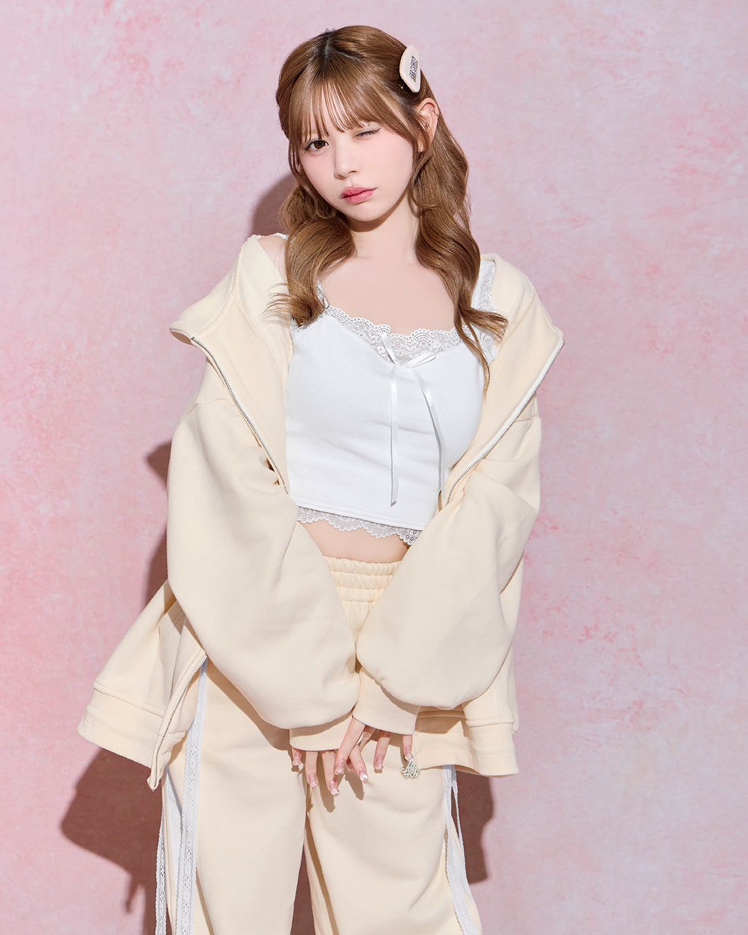 刺繍ビッグパーカーワイドパンツ3点セット アイボリー | ファッション