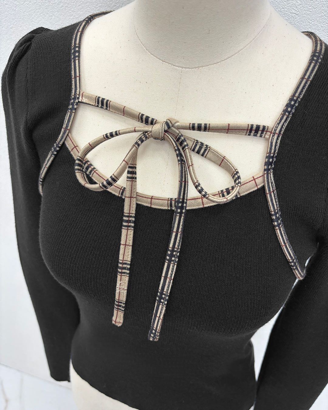michellMacaron オリジナルチェック柄パイピングリボントップス XS オリジナルチェック柄パイピングリボントップス ブラック