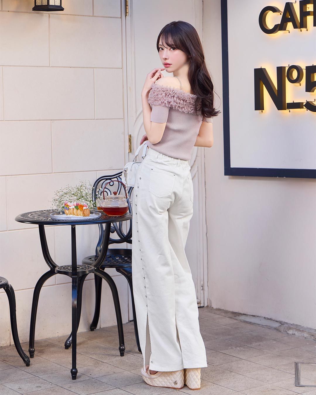 サイドビジューワイドデニムパンツ ホワイト | ファッション通販