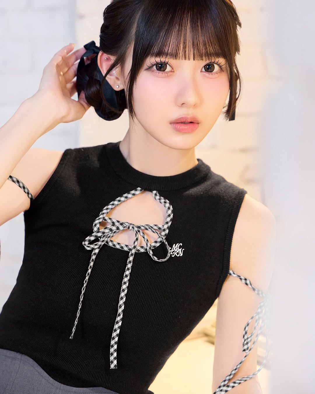 ミシェルマカロン ギンガムオープンニットトップス ギンガムオープンニットトップス ブラック | ファッション通販