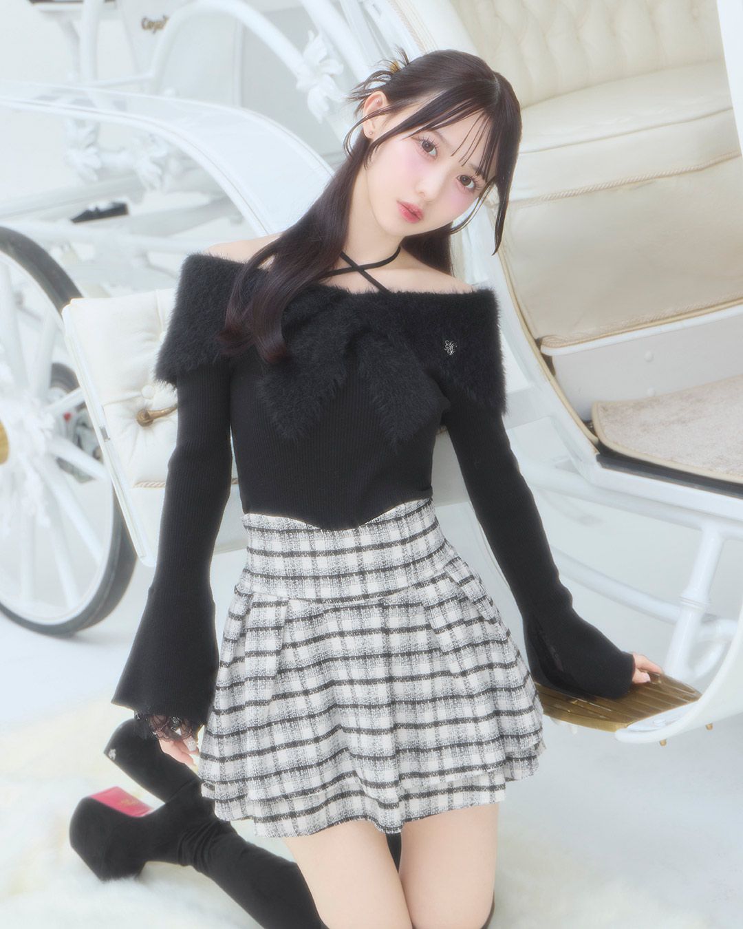 モノトーンチェック美脚スカート ホワイト | ファッション通販