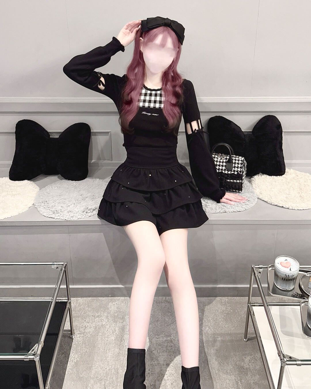 アームリボンスリットギンガムトップス ピンク | ファッション通販