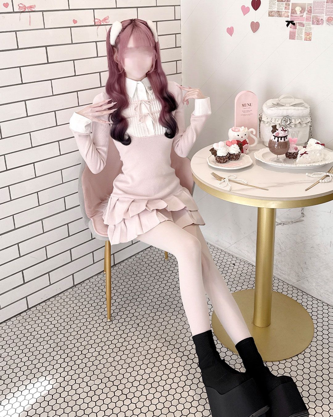 完売品◆HONEYMEW ダブルリボンブラウスドッキングワンピース ピンク F ダブルリボンブラウスドッキングワンピース ピンク | ファッション通販