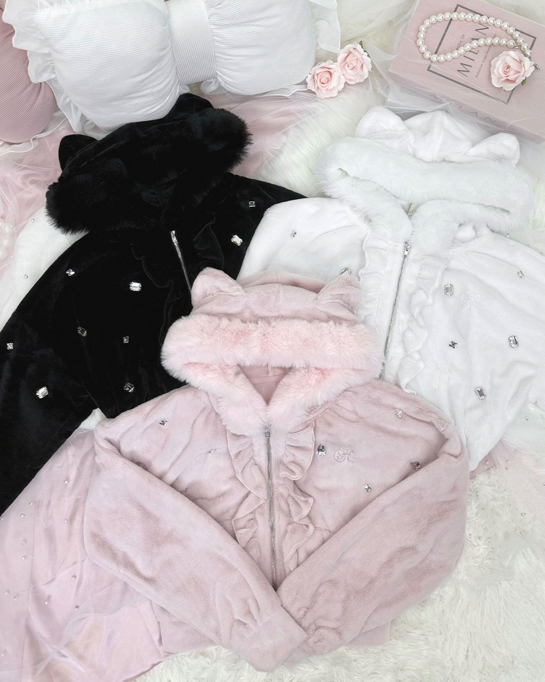 ビジュー付き猫耳もこもこパーカー ピンク | ファッション通販