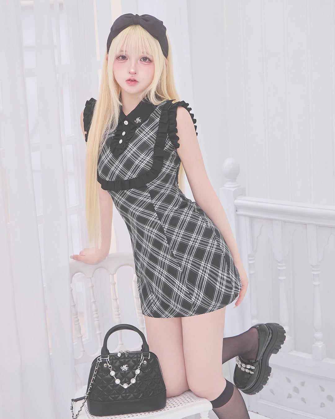 michell macaron フリルトリムチェックミニワンピ フリルトリムチェックミニワンピ ブラック | ファッション通販
