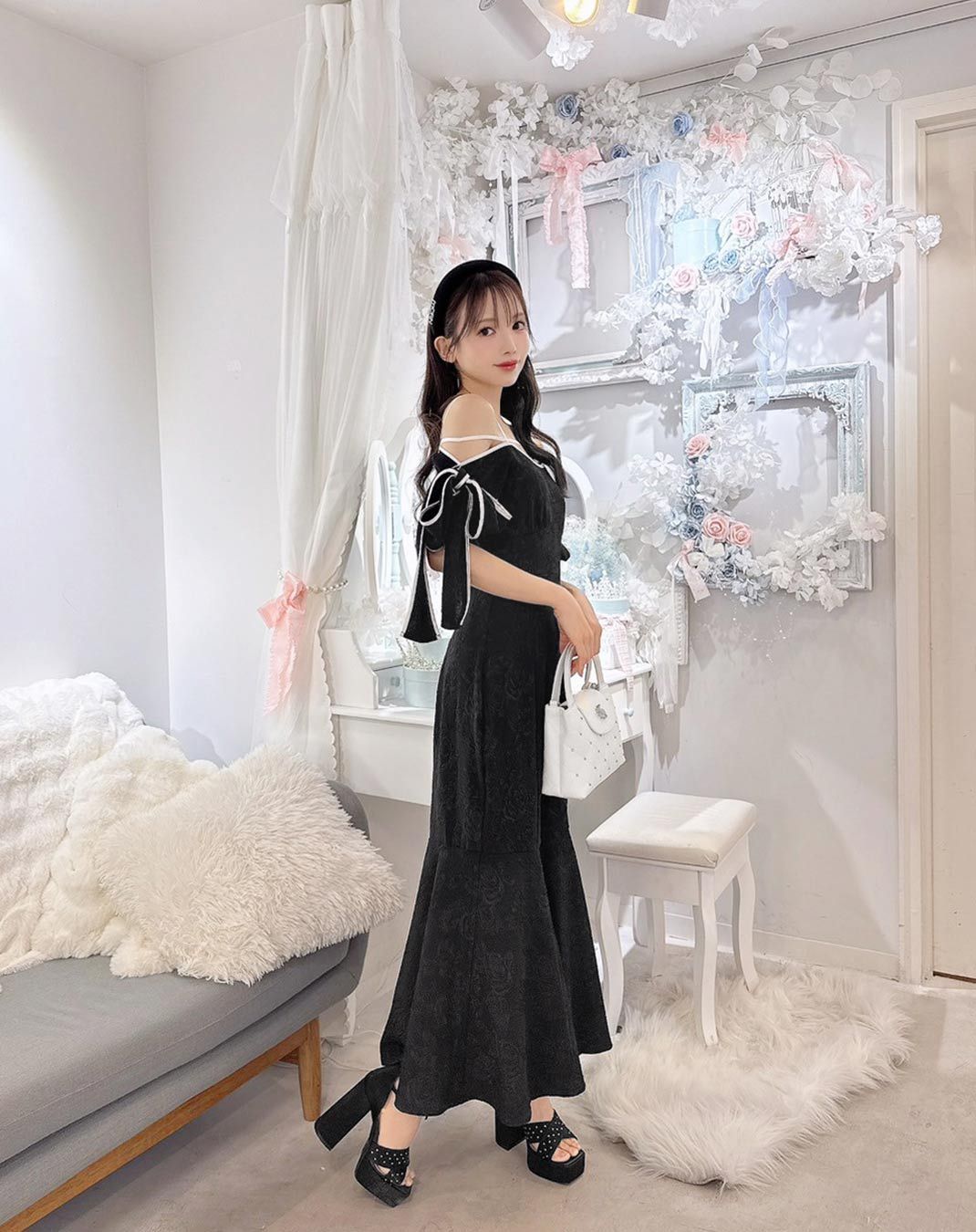 リボンスリーブワンピース アイボリー ホワイト 白 michellMacaron リボンスリーブワンピース アイボリー | ファッション通販