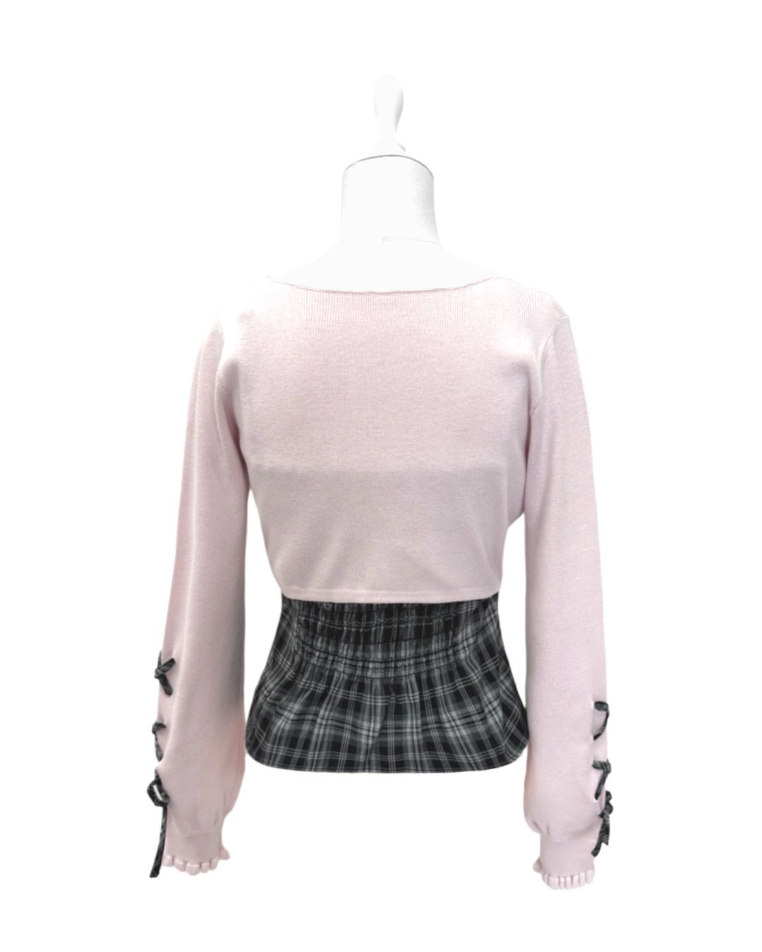 HONEYMEW ビッグリボンチェックレースアップスリーブアンサンブルトップス ビッグリボンチェックレースアップスリーブアンサンブルトップス