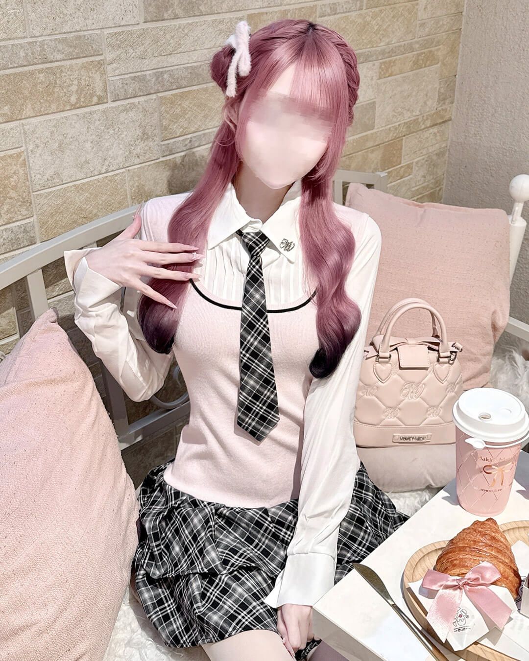 ネクタイ付きドッキングチェックワンピース シェルピンク