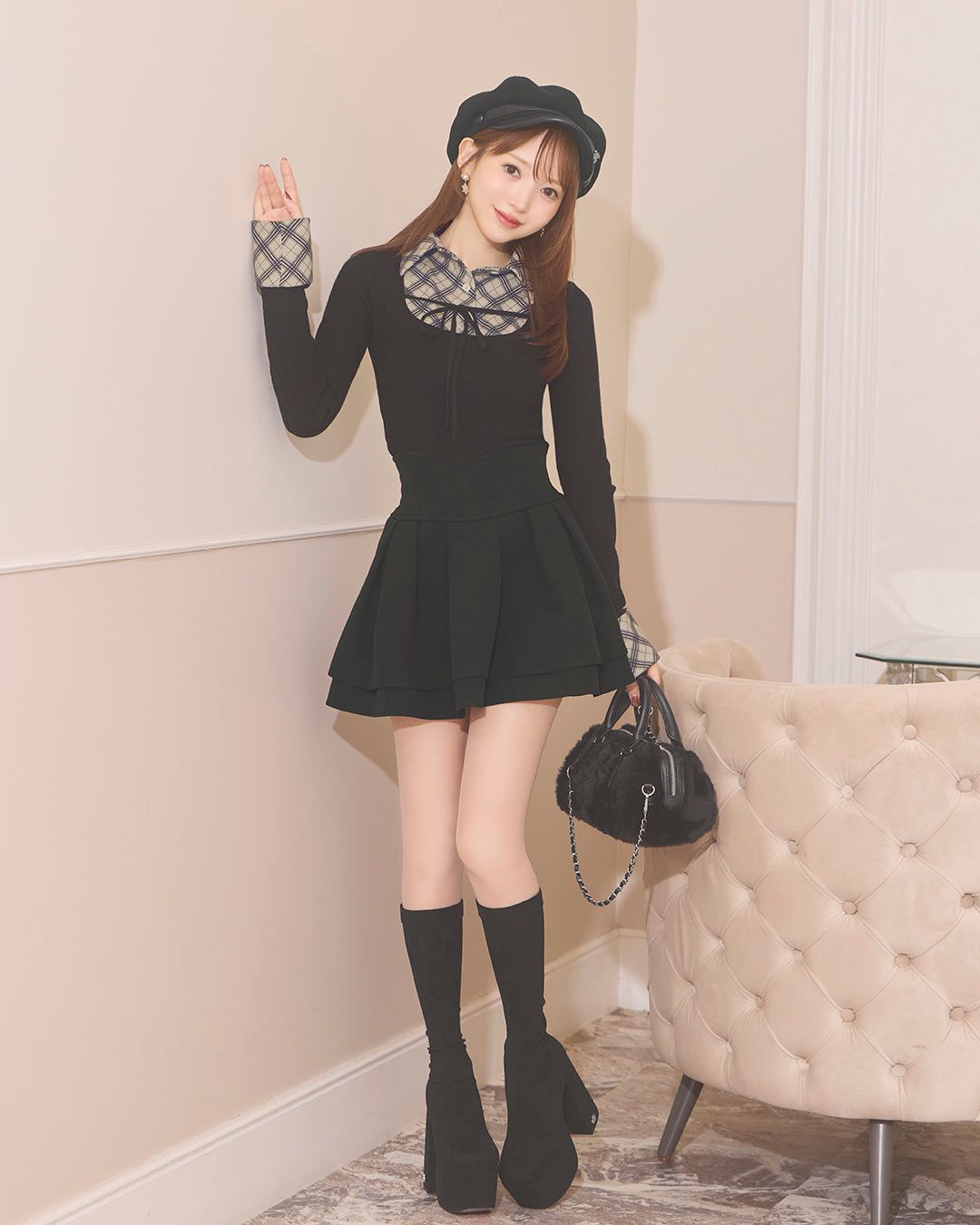 チェックシャツレイヤード風ニットトップス ブラック | ファッション