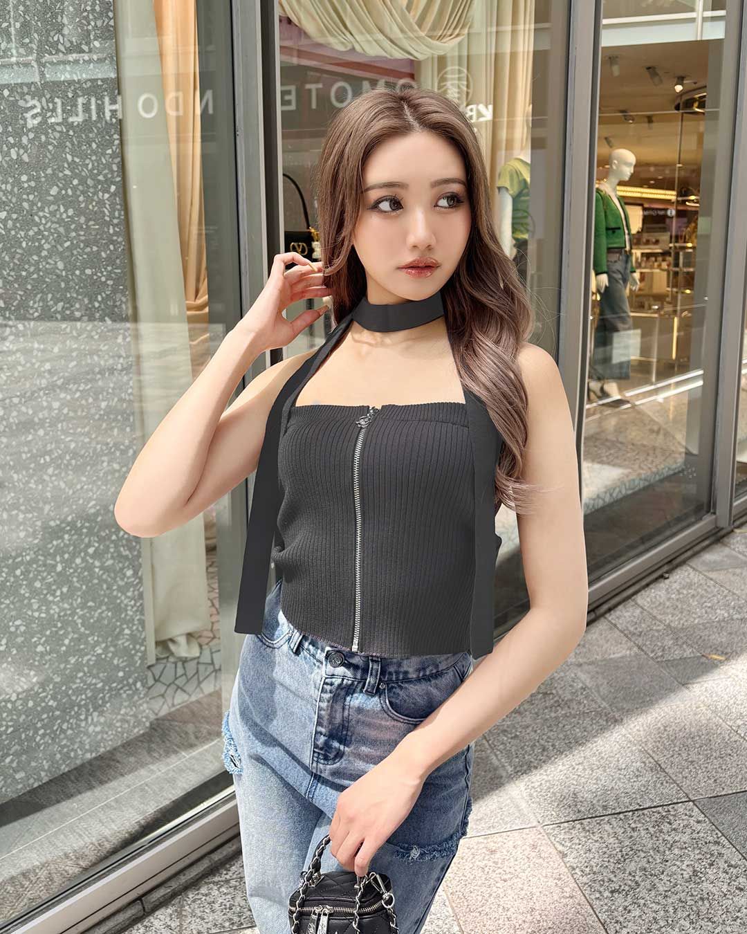 チョーカー付きニットベアトップス グレージュ | ファッション