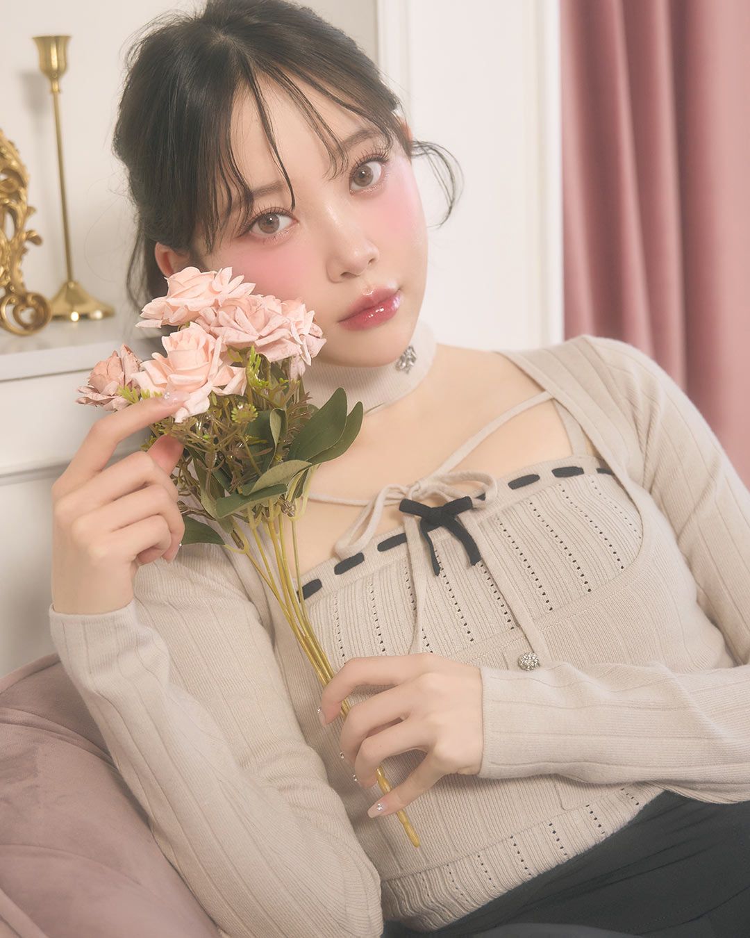 ミシェルマカロン リボンリブニットトップス フリー ピンク リボンキャミアンサンブルニットトップス ピンク | ファッション通販
