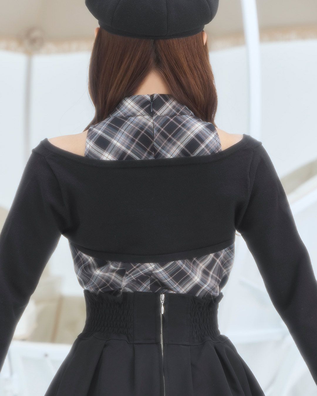 フロントリボンアンサンブルチェックトップス ブラック | ファッション
