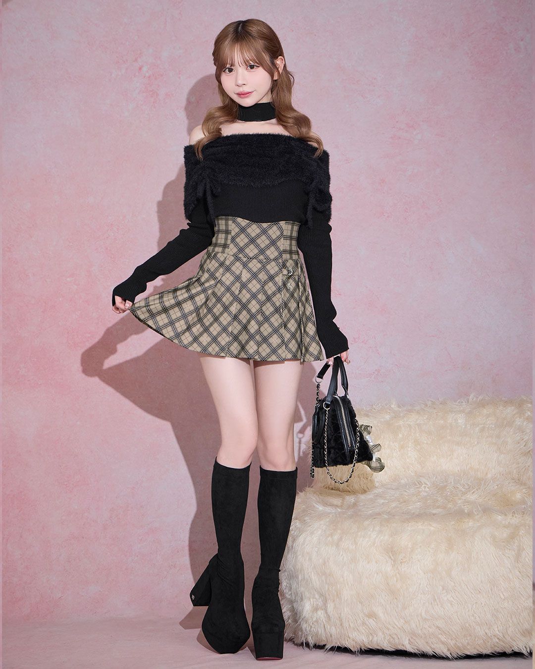 オリジナルチェック柄美脚スカパン ベージュ | ファッション通販