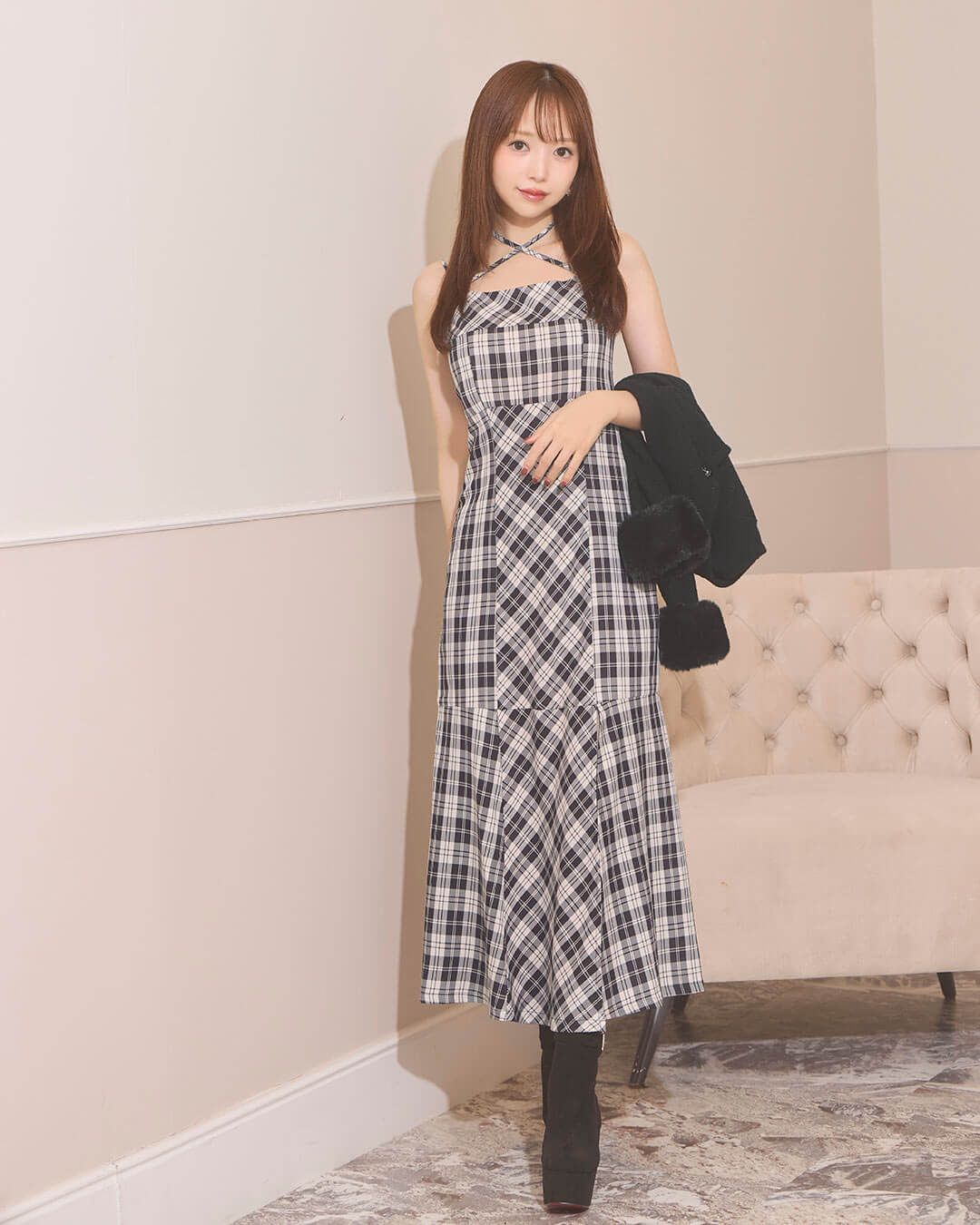 ミシェルマカロン ボレロチェックロングワンピース フリーサイズ ボレロチェックロングワンピース ブラウン | ファッション通販