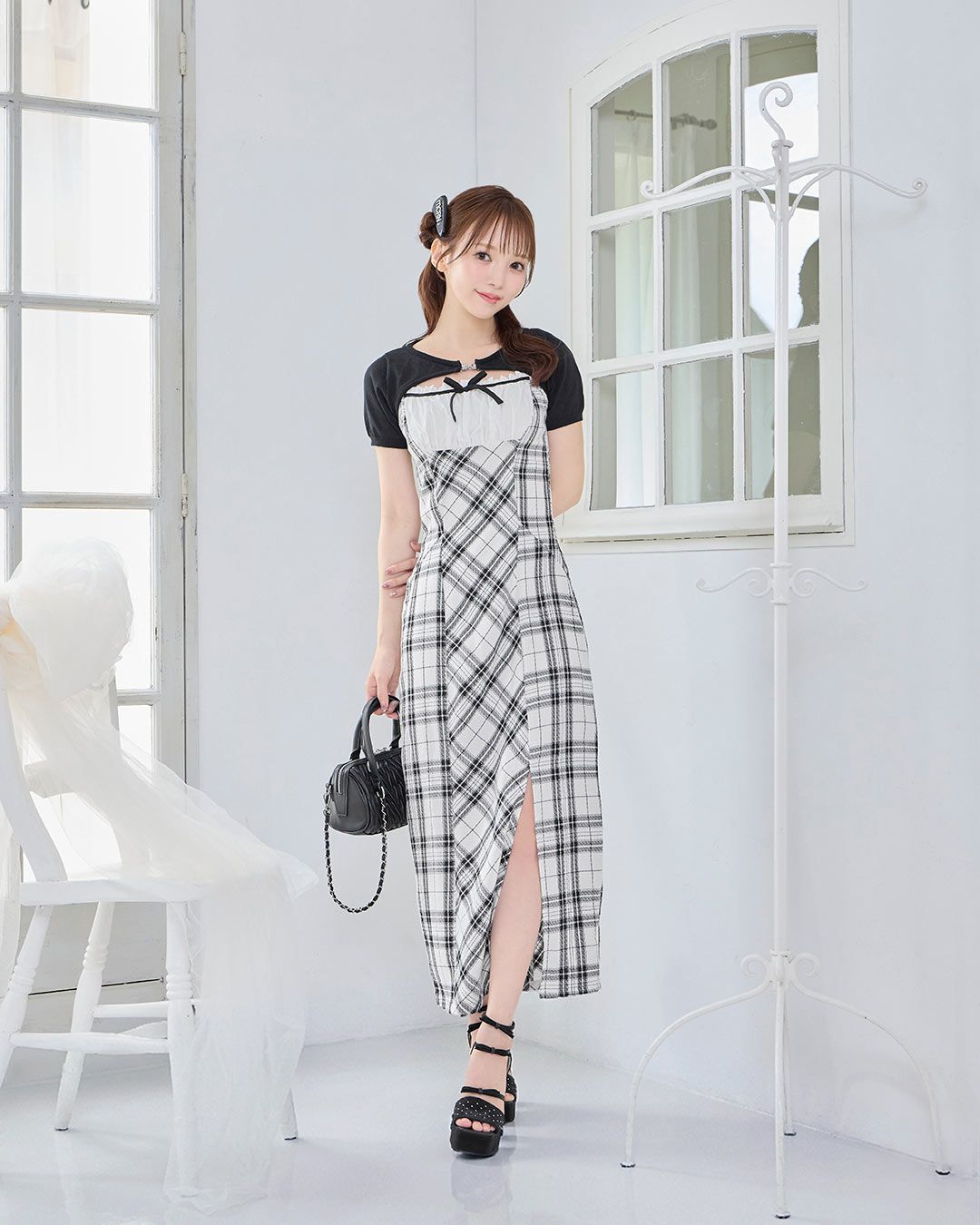 ギャザーリボンチェックロングワンピース ホワイト | ファッション通販