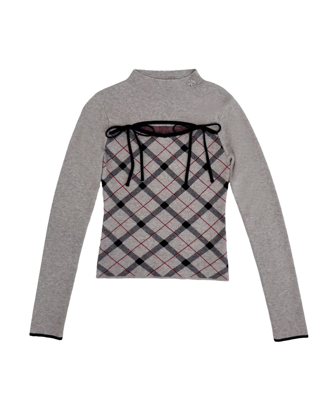 ミシェルマカロン　デコルテオープンチェックニットトップス　フリーサイズ デコルテオープンチェックニットトップス グレー | ファッション通販
