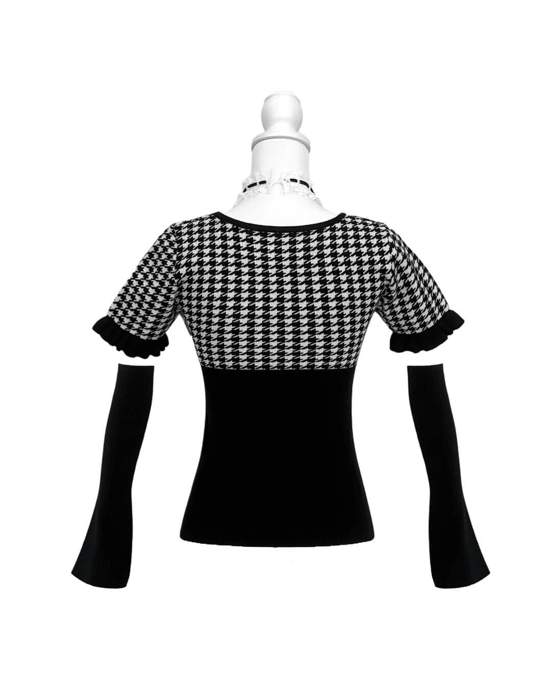 レースチョーカー付き千鳥柄トップス ブラック | ファッション通販