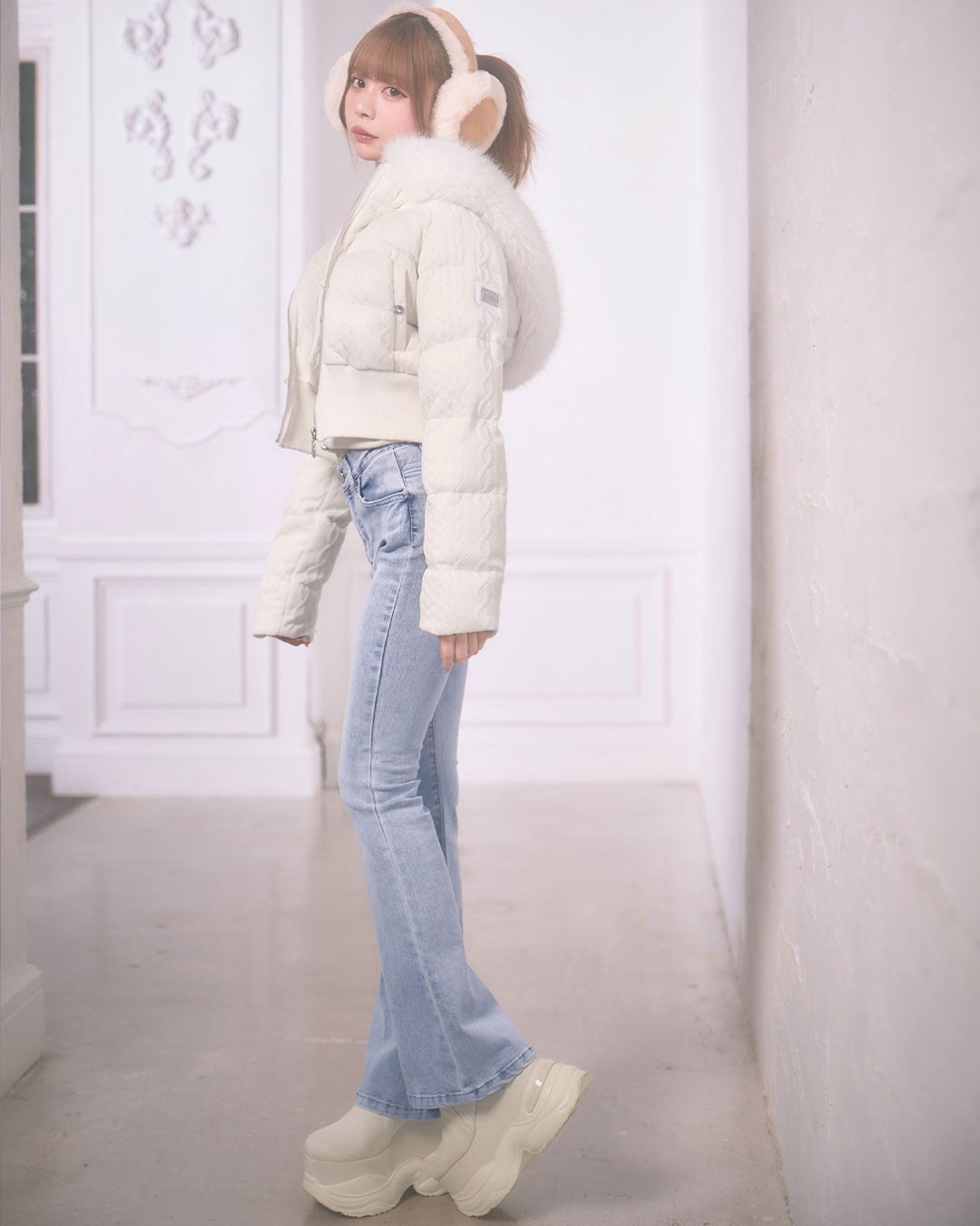 ファーフードケーブル柄ショートダウン ベージュ | ファッション通販