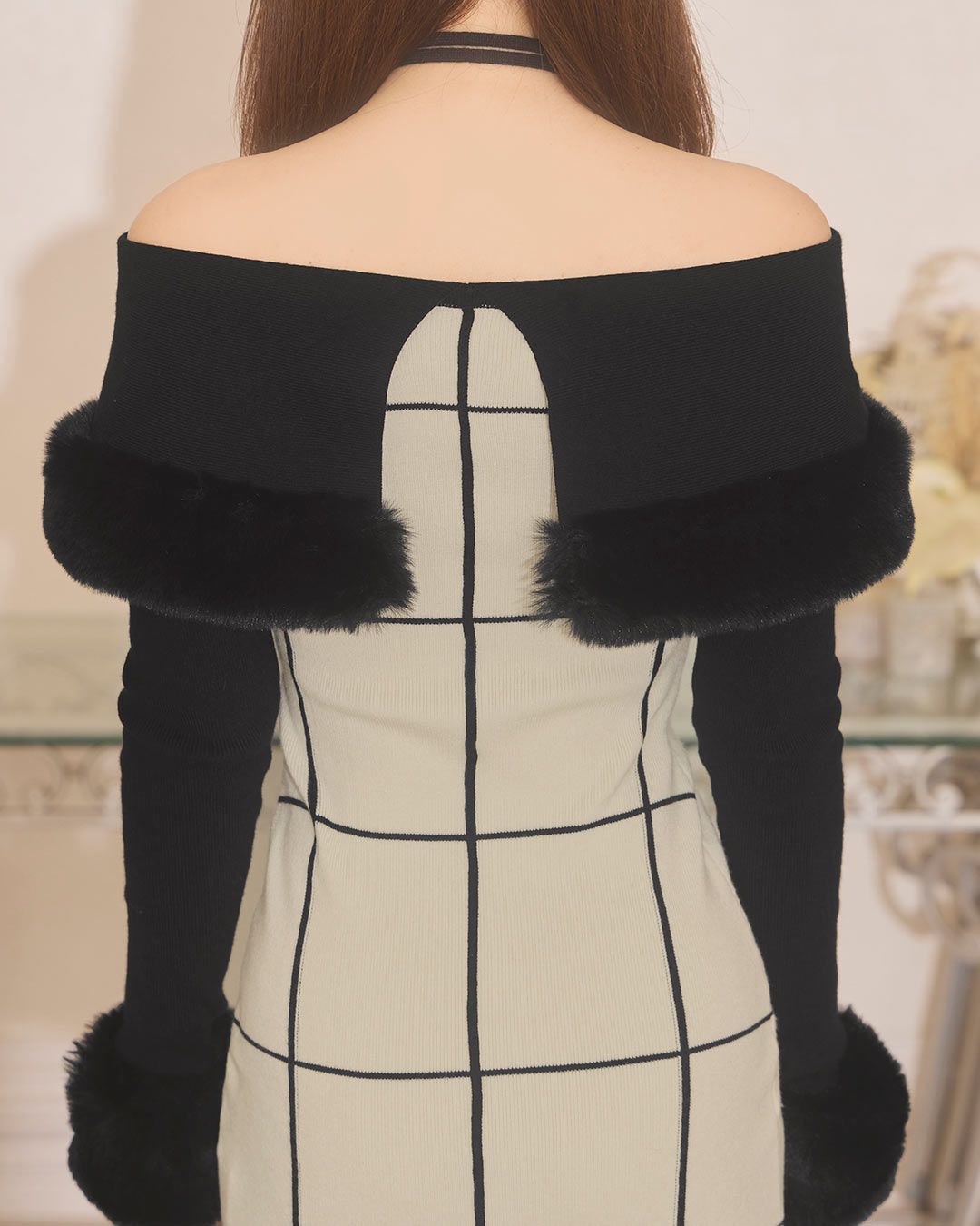 フェザーオフショルチェックワンピース ブラック | ファッション通販