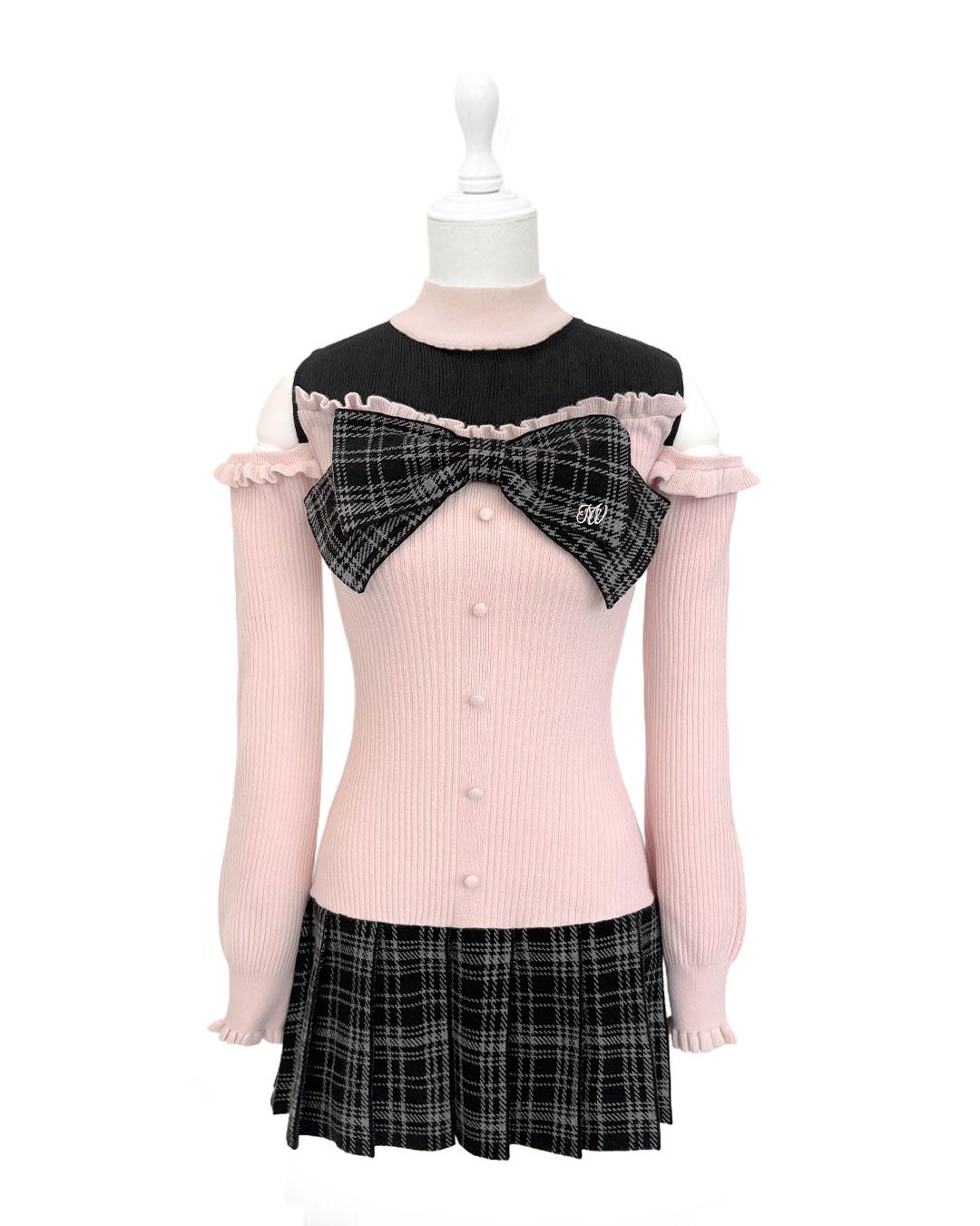チェックリボン肩空きプリーツワンピース ピンク | ファッション通販