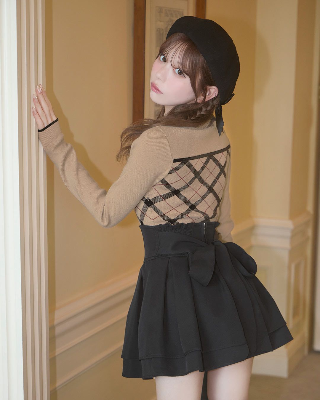 デコルテオープンチェックニットトップス グレー | ファッション通販