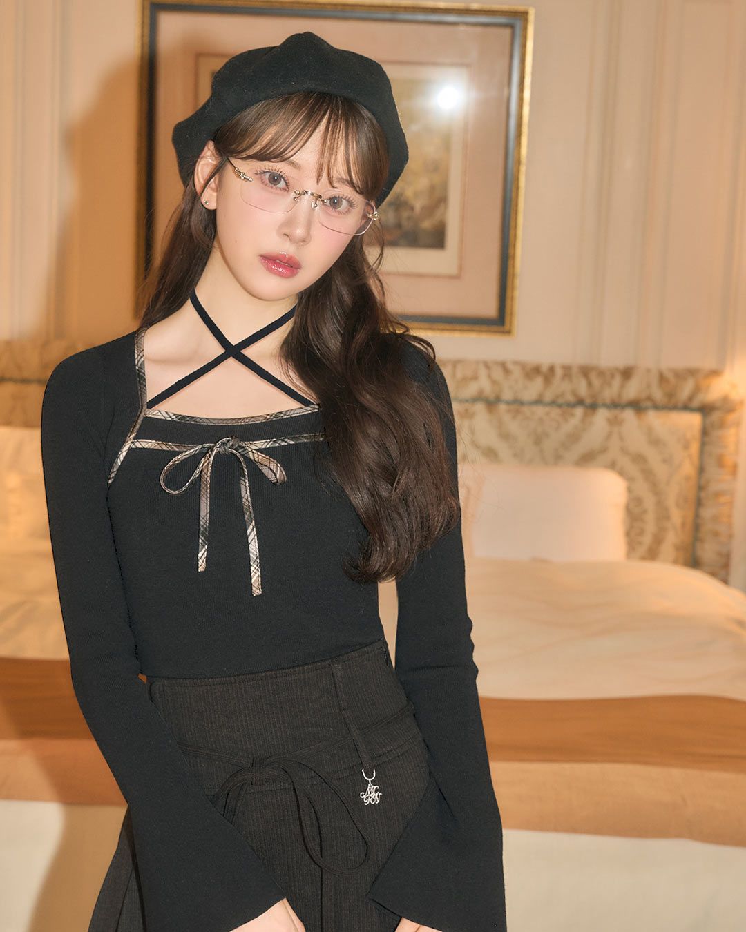 トップス Mamilyn チェックパイピングリボンニットトップス ブラック