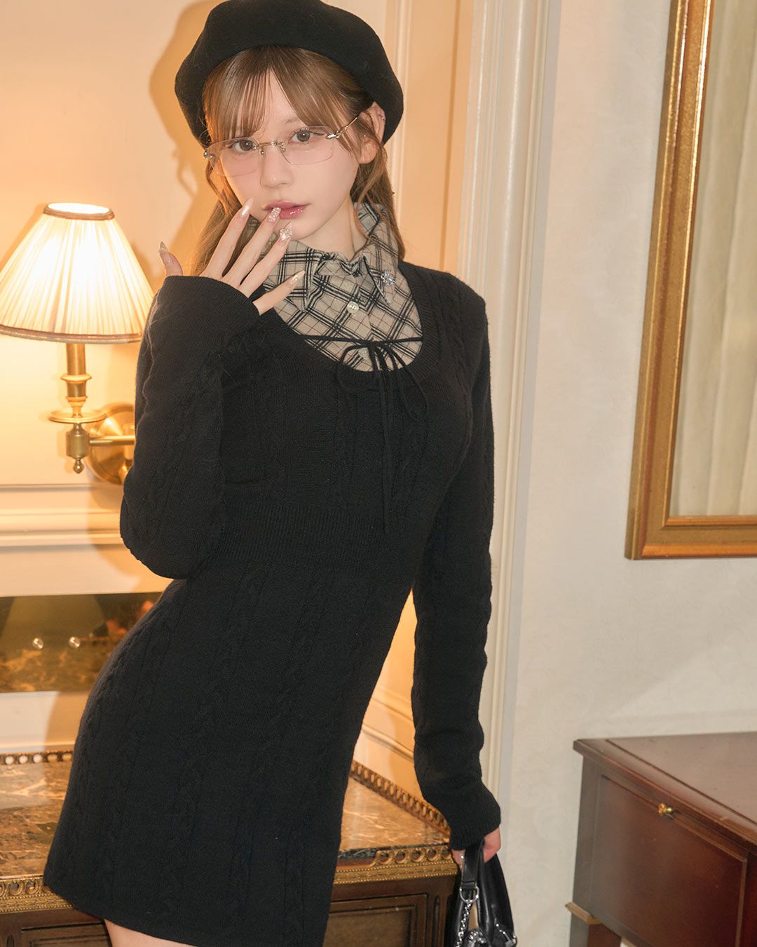 シャツレイヤード風ニットワンピース ブラック | ファッション