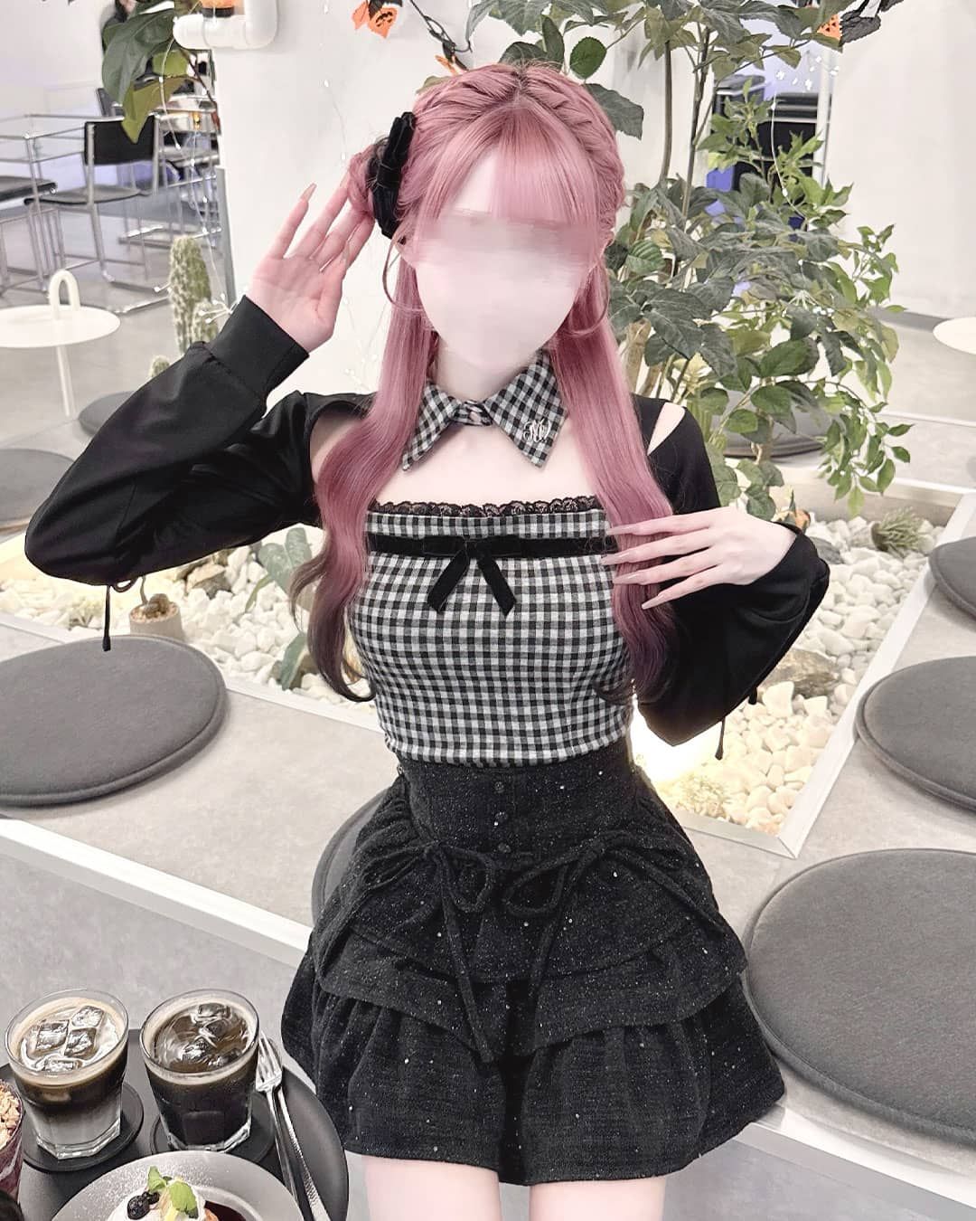 リボンスリットギンガムアンサンブルトップス　HONEYMEW リボンスリットギンガムアンサンブルトップス ブラック | ファッション