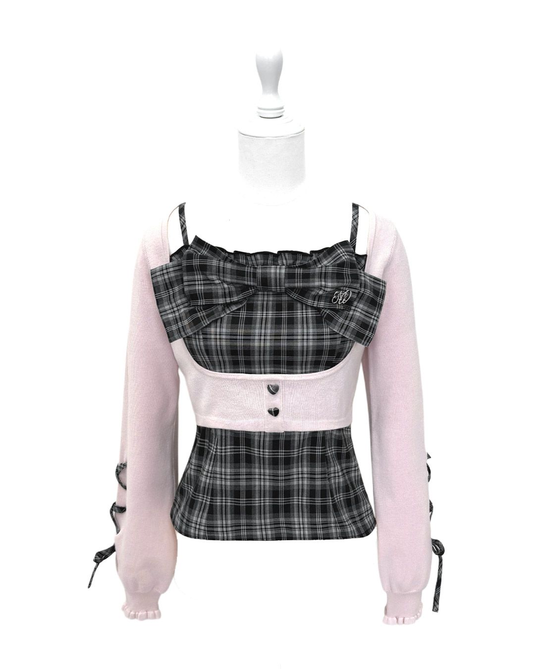 HONEYMEW ビッグリボンチェックレースアップスリーブアンサンブルトップス ビッグリボンチェックレースアップスリーブアンサンブルトップス