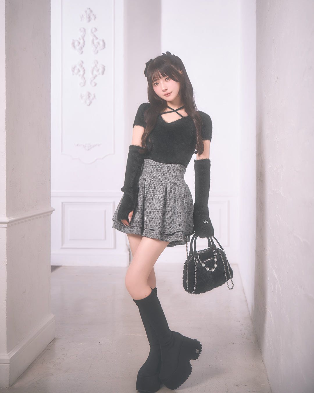 【美品】 フェアライアー　FairLiar　スカート　インナーパンツ一体型　黒 美脚になれる♡ラメツイードスカート（インナーパンツつき） ブラック