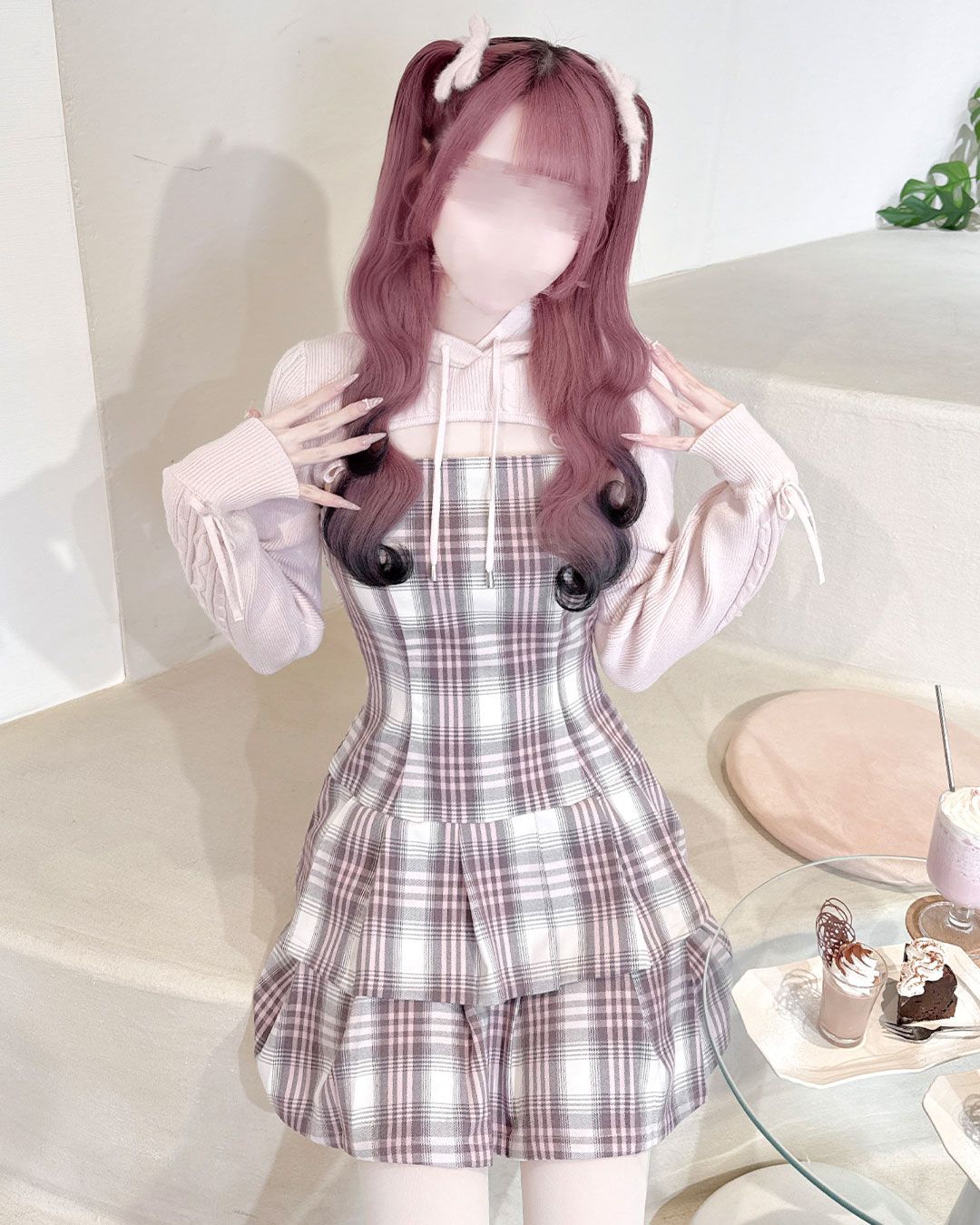 フードボレロチェックアンサンブルワンピース ピンク | ファッション